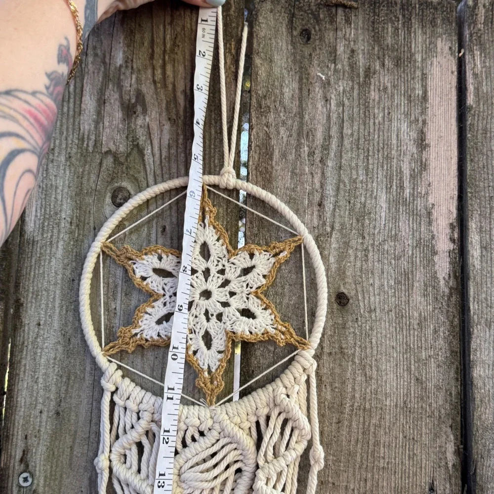 Boho Macrame Wall Hanging Crochet Star Heart Fringe Cream Tan Dreamcatcher Style